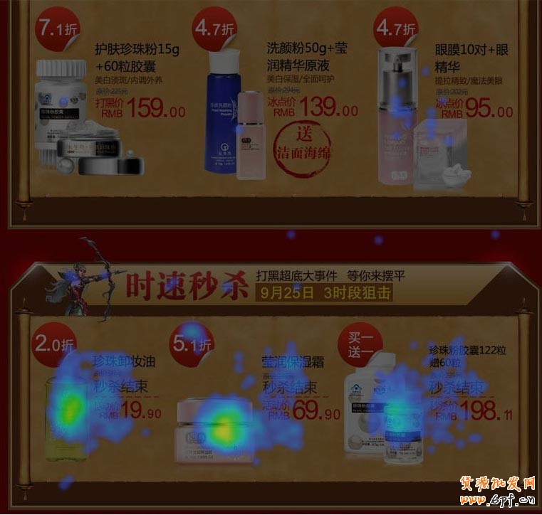 底部秒殺區塊點擊不錯，但并不給底部的產品帶來點擊，可以看到靠近區域的產品產生的點擊非常低。